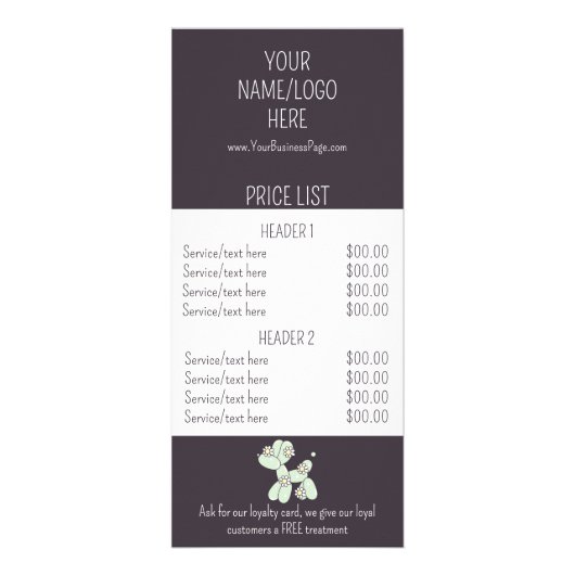 ペットグルーミングバルーンドドサービスの価格表 ラックカード (正面)