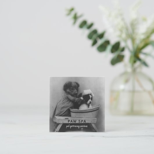 ペットグルーミングビジネスかわいいヴィンテージの小犬 スクエア名刺 (スタンド正面)