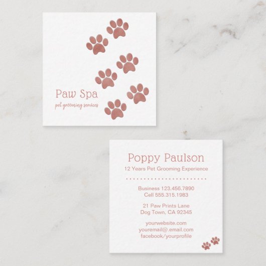 ペットグルーミングビジネスばら色の金ゴールドの足のプリント スクエア名刺 (正面/裏面)