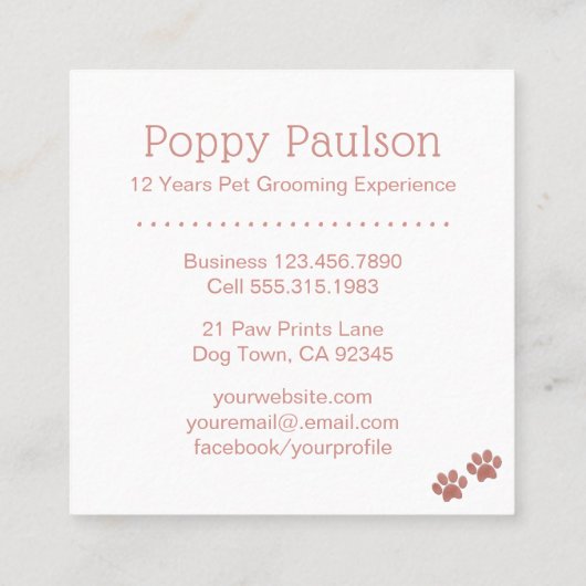 ペットグルーミングビジネスばら色の金ゴールドの足のプリント スクエア名刺 (裏面)