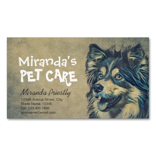 ペットケアグルーミング座って愛らしい漫画の犬 マグネット名刺 (正面)
