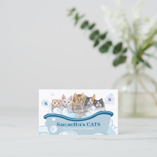 ペットケアスパサロン着座浴槽トリマー猫 名刺 (スタンド正面)