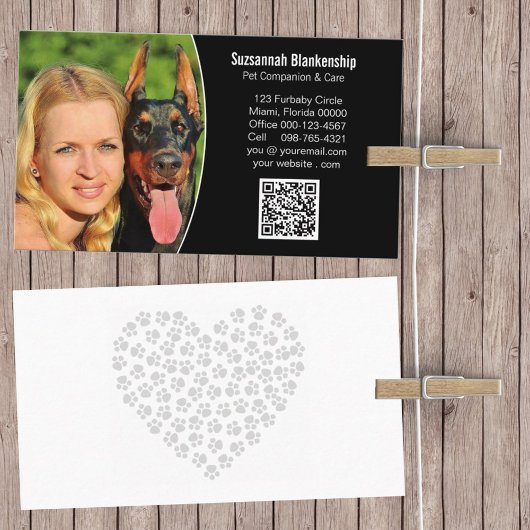 ペットケア白黒カスタムQRコードと写真 名刺
