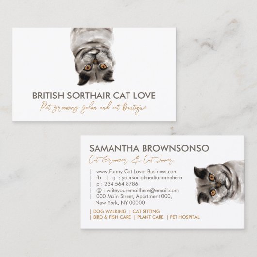 ペットシッターおもしろいグレイブリティッシュショートヘア猫 名刺 (正面/裏面)