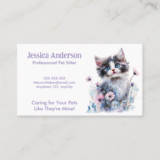 ペットシッターの名刺 – 花が可愛い猫 名刺 (正面)