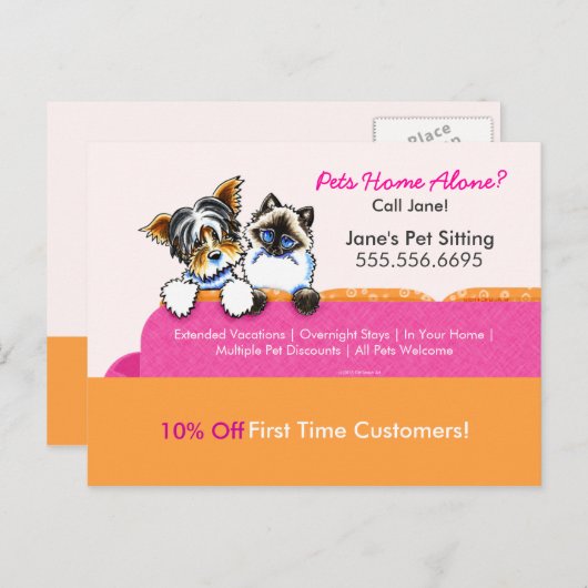 ペットシッタークーポンメーラー&ヨークシャーテリア猫ソファピンク ポストカード (正面/裏面)