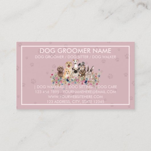 ペットシッター犬の獣医ピンクの額縁のポーズ 名刺 (裏面)