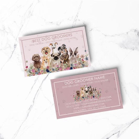 ペットシッター犬の獣医ピンクの額縁のポーズ 名刺