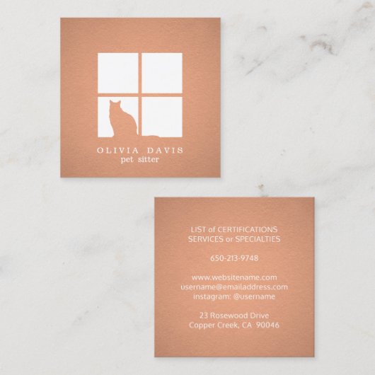 ペットシッティングトリマーサービス銅のメタリックルック スクエア名刺 (正面/裏面)