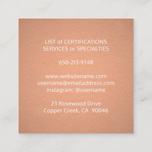 ペットシッティングトリマーサービス銅のメタリックルック スクエア名刺 (裏面)