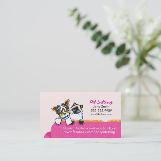 ペットシッティングヨークシャーテリア（猫ソファピンク付き） 名刺 (スタンド正面)