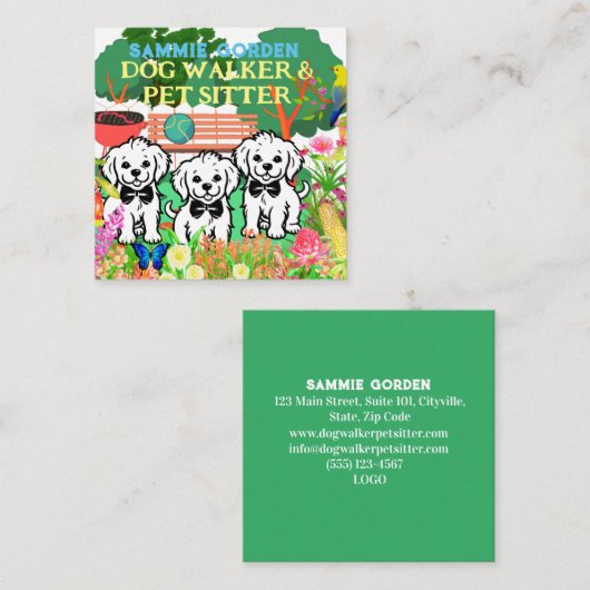 ペットシーティング&ドッグウォーカーカラフルフローラパークシック スクエア名刺 (正面/裏面)