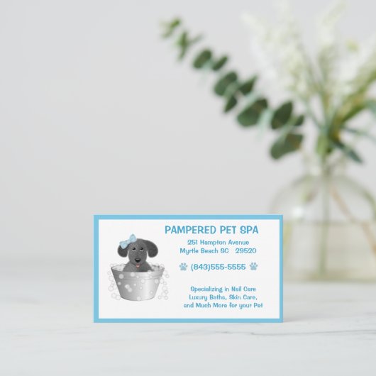 ペットトリマー子犬のタブブルービジネスカード 名刺 (スタンド正面)