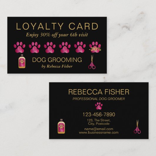 ペットドッググルーミングブラックピンクロイヤリティリワードカード 予約カード (正面/裏面)