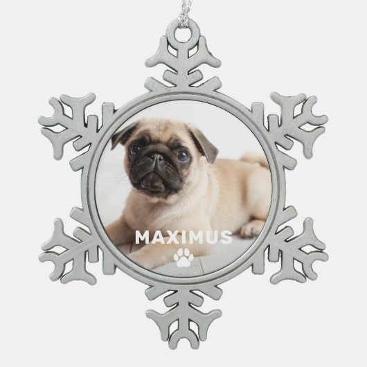 ペットドッグシンプルポープリント名前をカスタムする写真 スノーフレークピューターオーナメント (正面)