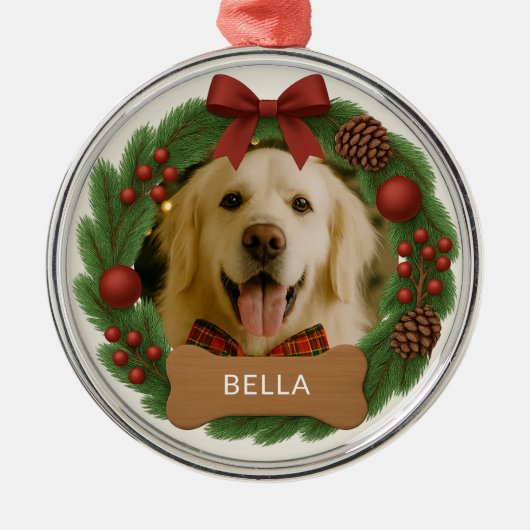 ペットドッグフォトネームホリデークリスマスリース メタルオーナメント (正面)