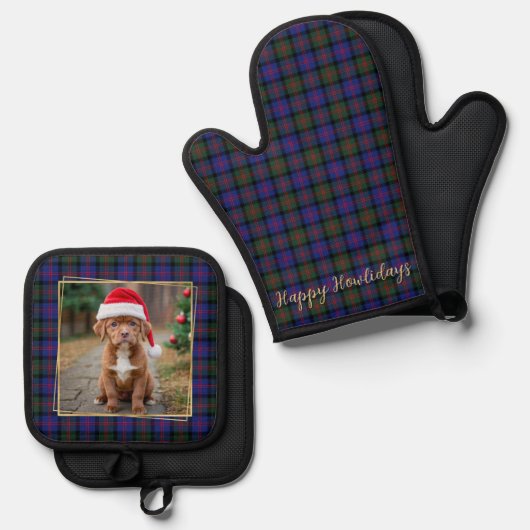 ペットドッグフォトパーソナライズされたトレンディークリスマスプレイド 鍋つかみ&鍋敷きセット (正面/裏面)