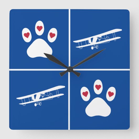ペットドッグポープリント&飛行機、かわいい航空ブルー スクエア壁時計 (正面)