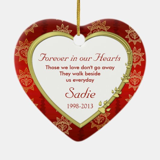 ペットドッグ記念撮影クリスマスレッド金ゴールドハート セラミックオーナメント (裏面)