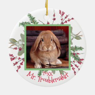 ペットバニーうさぎクリスマスフォトサンタカカスタムワイト セラミックオーナメント