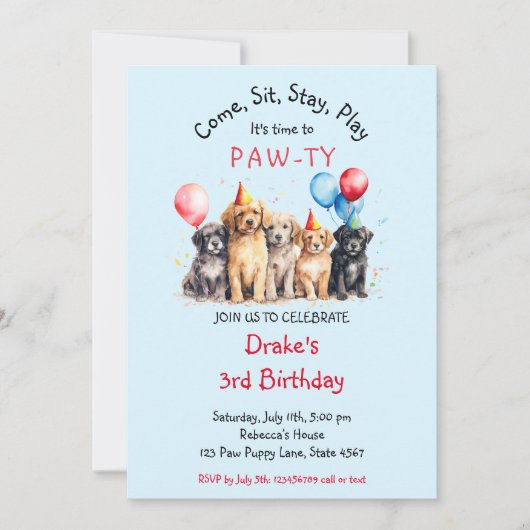 ペットパピードッグ誕生日ポーティ 招待状 (正面)