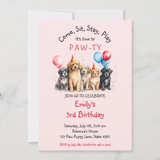 ペットパピードッグ誕生日ポーティ 招待状 (正面)