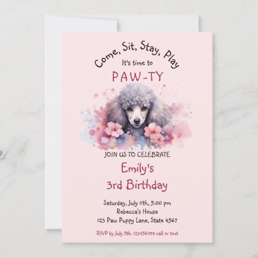 ペットパピープードルドッグ誕生日ポーティ 招待状 (正面)