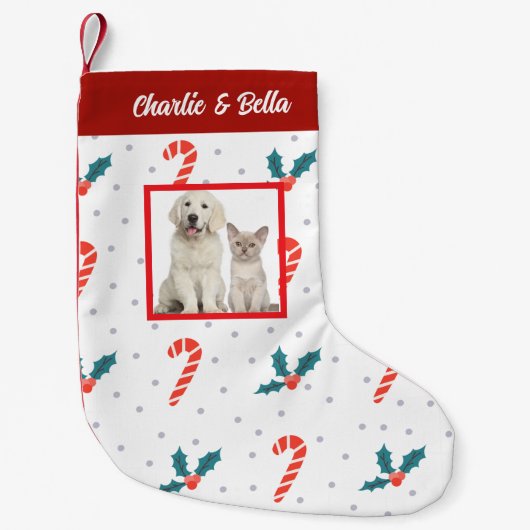 ペットパーソナライズされたの写真と名前Holly Berry スモールクリスマスストッキング (正面)