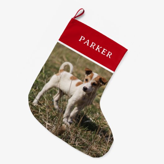 ペットパーソナライズされたの写真カスタム赤 ラージクリスマスストッキング (正面 (吊り時))