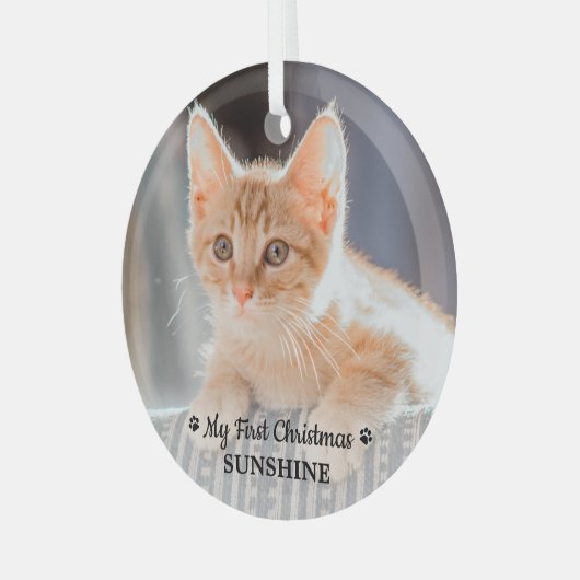ペットパーソナライズされたの子猫フォトキャット初めてのクリスマス ガラスオーナメント (正面左)