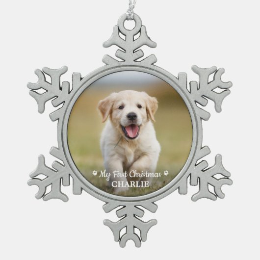 ペットパーソナライズされたパピーフォトドッグ初めてのクリスマス スノーフレークピューターオーナメント (正面)