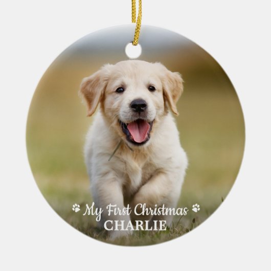 ペットパーソナライズされたパピーフォトドッグ初めてのクリスマス セラミックオーナメント (正面)