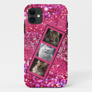 ペットパーソナライズされたフォトコラージュガーリーピンクグリッター iPhone 11 ケース