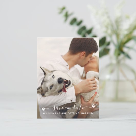 ペットパーソナライズされたフォトドッグ結婚式の日付を保存 案内ポストカード (スタンド正面)