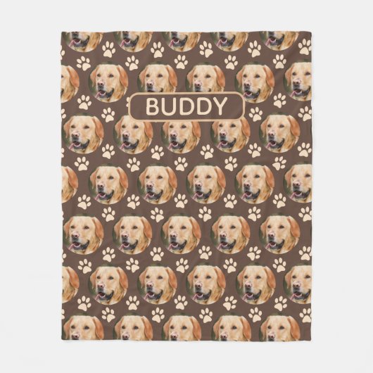 ペットパーソナライズされたフォトパターン犬の名前ブラウン フリースブランケット (正面)