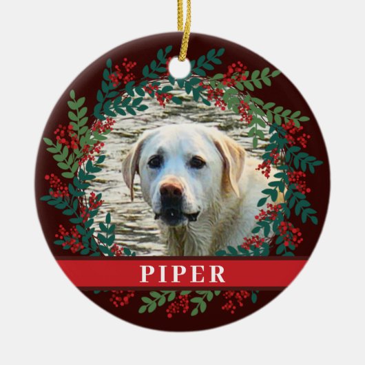 ペットパーソナライズされたブラウンフォトクリスマスリース セラミックオーナメント (正面)