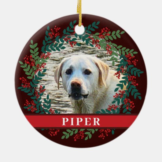 ペットパーソナライズされたブラウンフォトクリスマスリース セラミックオーナメント (裏面)