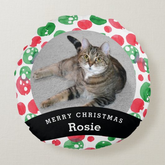 ペットパーソナライズで赤い緑の水彩画の点 ラウンドクッション (正面)