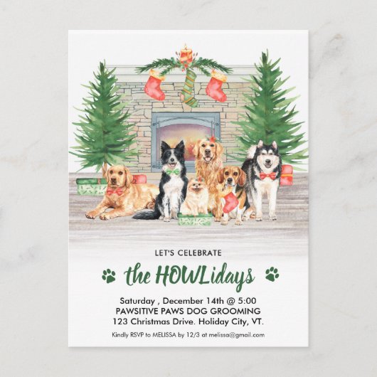 ペットビジネス犬の恋人かわいい犬のクリスマスホリデー インビテーションポストカード (正面)