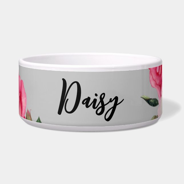 ペットピンク鮮やかの白いバラの白い灰色 ボウル (正面)