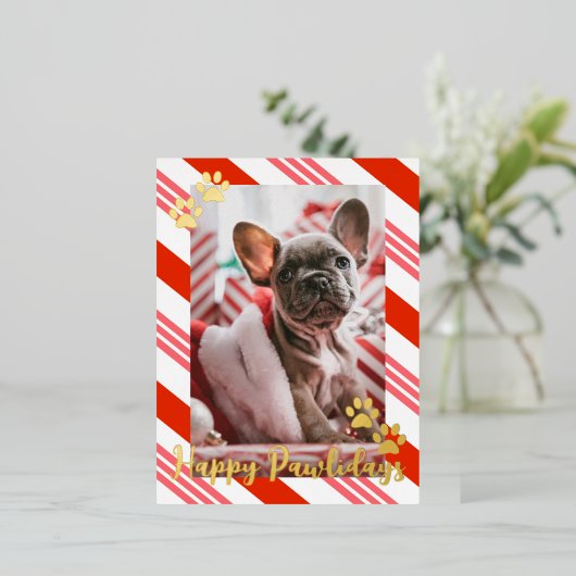 ペットフォトキャンディーケーンストライプのハッピーパワリー金ゴールド 箔シーズンポストカード (立ち正面)