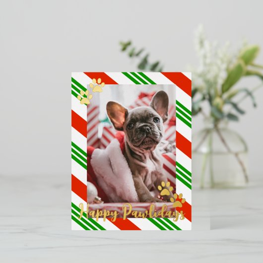 ペットフォトキャンディーケーンストライプのハッピーパワリー金ゴールド 箔シーズンポストカード (立ち正面)