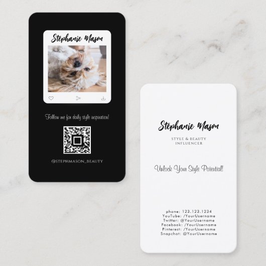 ペットフォトグラファーモダンソーシャルメディア白黒 名刺 (正面/裏面)
