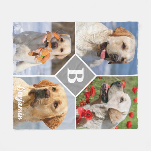 ペットフォトコラージュパーソナライズされたモノグラム犬 フリースブランケット (正面(横))