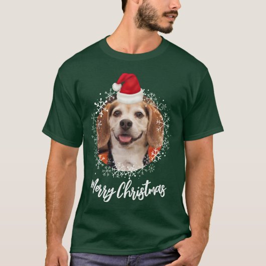 ペットフォトサンタハットダークグリーンメリークリスマス Tシャツ (正面)