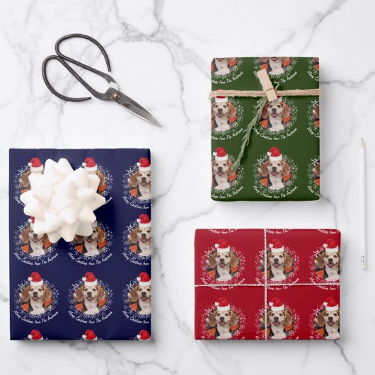 ペットフォトサンタハット&スノーフレーク赤グリーン海軍 ラッピングペーパーシート (正面)