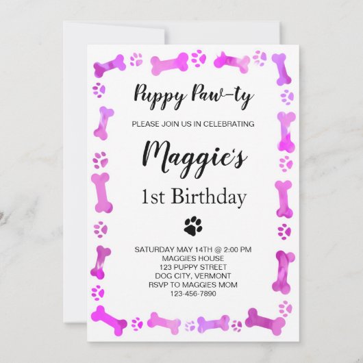 ペットフォトピンクポープリントドッグ誕生日 招待状 (裏面)