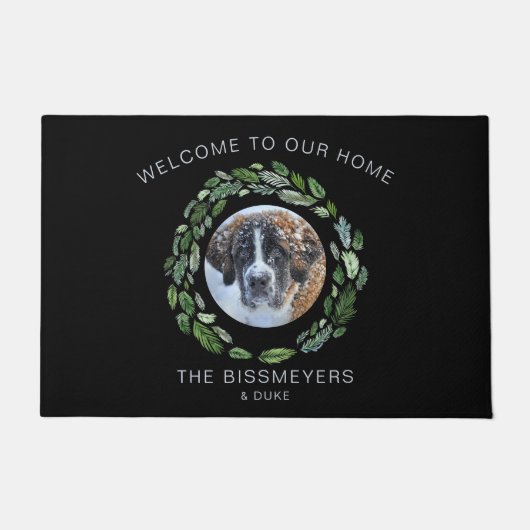 ペットフォトブラックリーフリースファミリー名 ドアマット (正面)