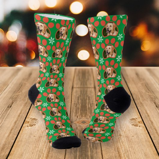 ペットフォトプリント&スノーフレークスグリーンクリスマス ソックス