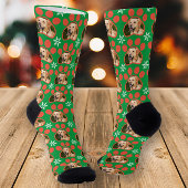 ペットフォトプリント&スノーフレークスグリーンクリスマス ソックス